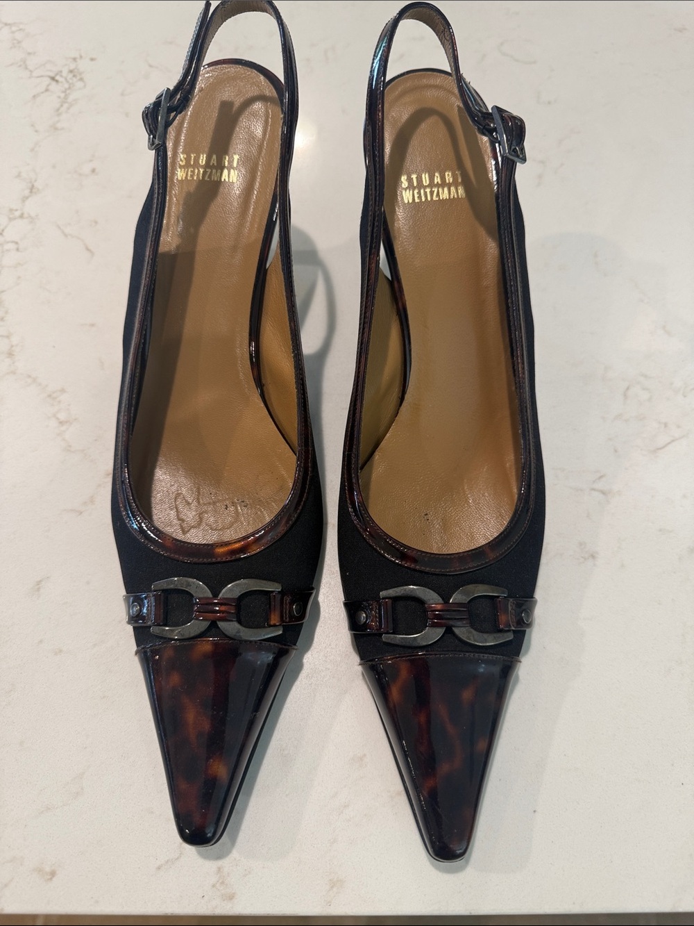Stuart Weitzman Black Slingback Pointed Pumps with Tortoiseshell Detail